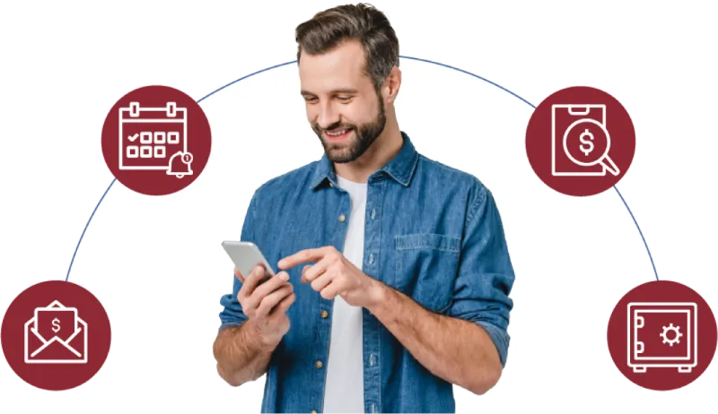 Icons behind a person on a phone, including a bill, a calendar with a bell, a donut chart, and a safe.